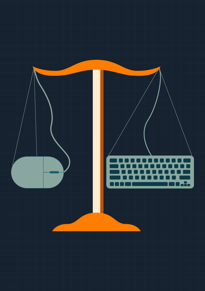 Illustration of Scales of justice with a mouse and keyboard.
