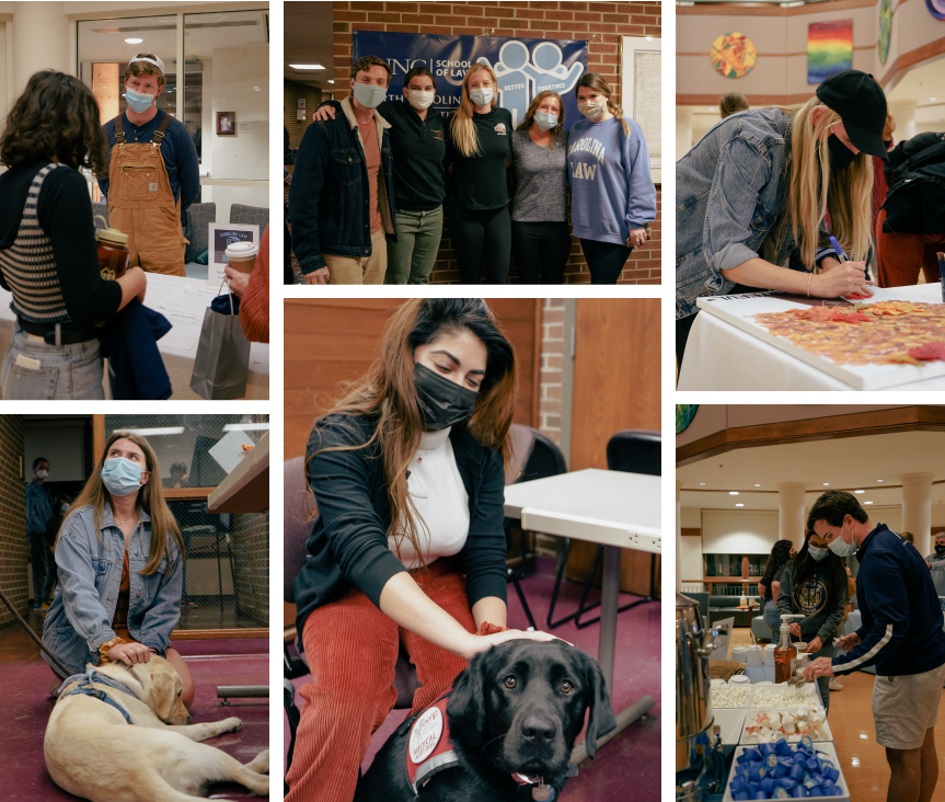A collage of events at the Be Well Community Event. A student talks about student clubs. Students pose in front of the Be Well banner. A student works on a gratefulness craft. Students pet therapy dogs. A student helps themselves to the hot cocoa bar.