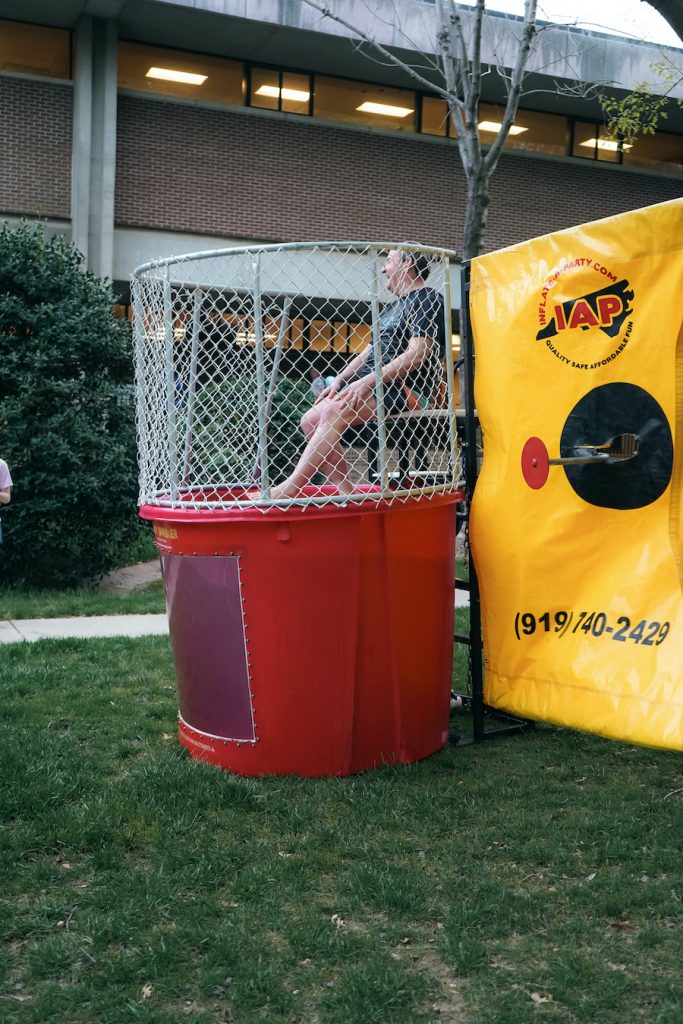 Dean Martin Brinkley laughs after being dunked in the dunk tank.