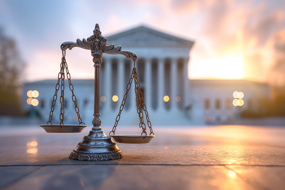 A symbol of justice, the balanced scales, set against the dignified backdrop of the U.S. Supreme Court, evokes the essence of judicial integrity at the golden hour.