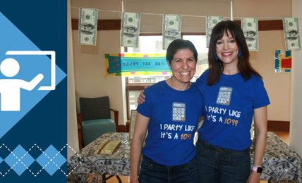 two women with tax decorations