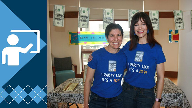 two women with tax decorations